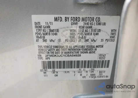 2012 Ford Edge Sel z USA, uszkodzony, nr VIN 2FMDK3JC1CBA54928